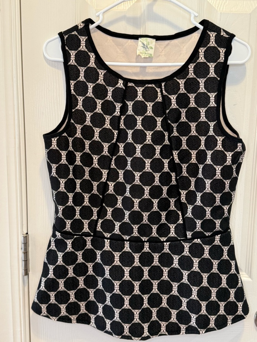 Black & Nude Textured Polka Dot Peplum Top • Made in San Francisco • Size M
